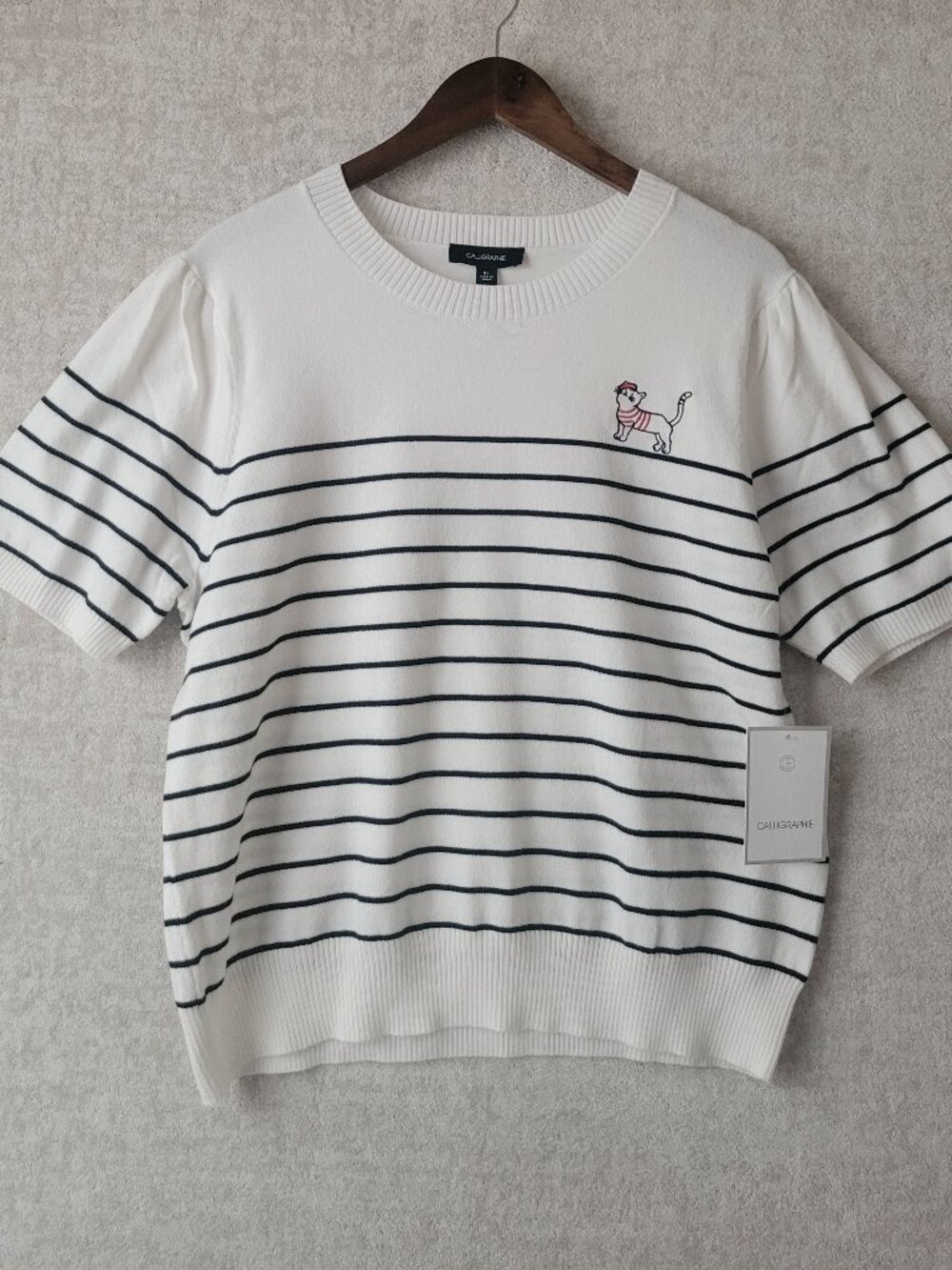 Anthropologie Calligraphie Parisian Striped Cat Knit Puff Sleeve Sweater XL
